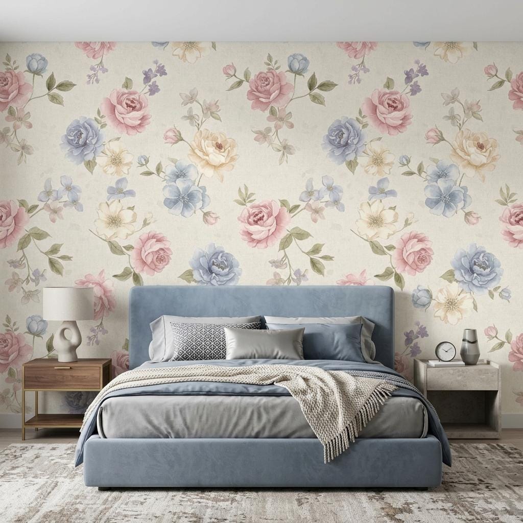 Watercolor Floral Wallpaper, Pink Blue Rose Mural-WP0248