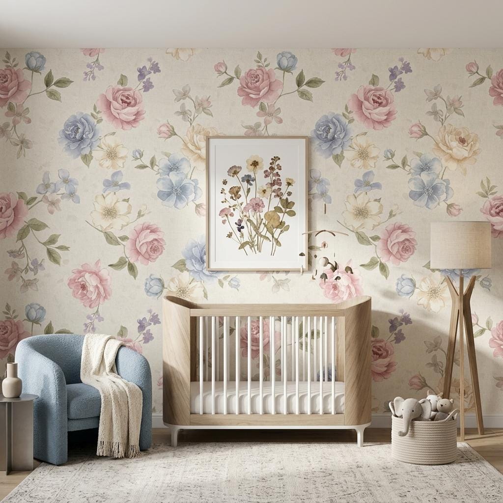 Watercolor Floral Wallpaper, Pink Blue Rose Mural-WP0248