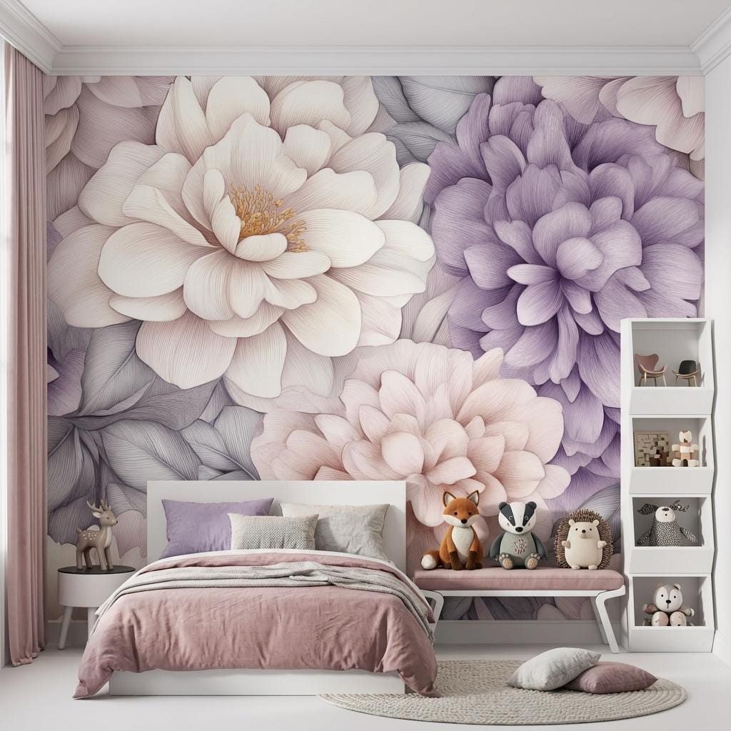 Oversized Peony Wall Mural, Lavender Botanical-WP0249