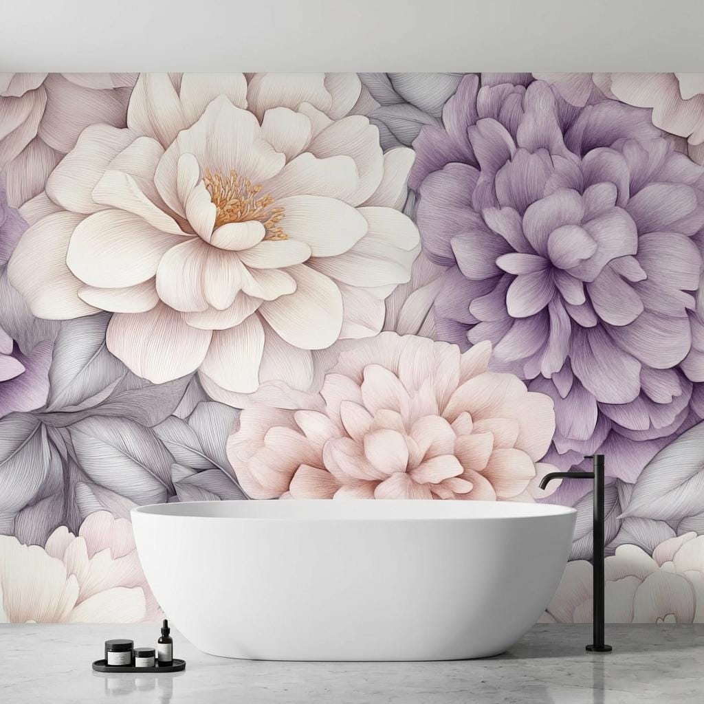 Oversized Peony Wall Mural, Lavender Botanical-WP0249