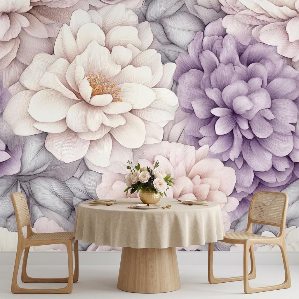 Oversized Peony Wall Mural, Lavender Botanical-WP0249