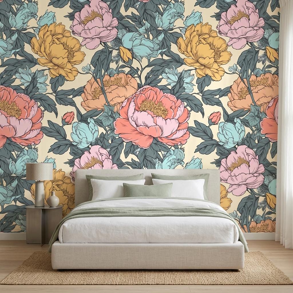 Vintage Peony Wallpaper Mural, Coral Teal Botanical-WP0251