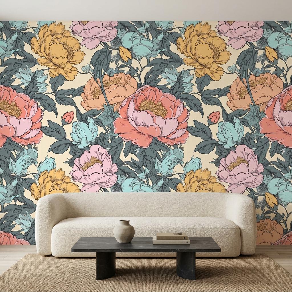 Vintage Peony Wallpaper Mural, Coral Teal Botanical-WP0251