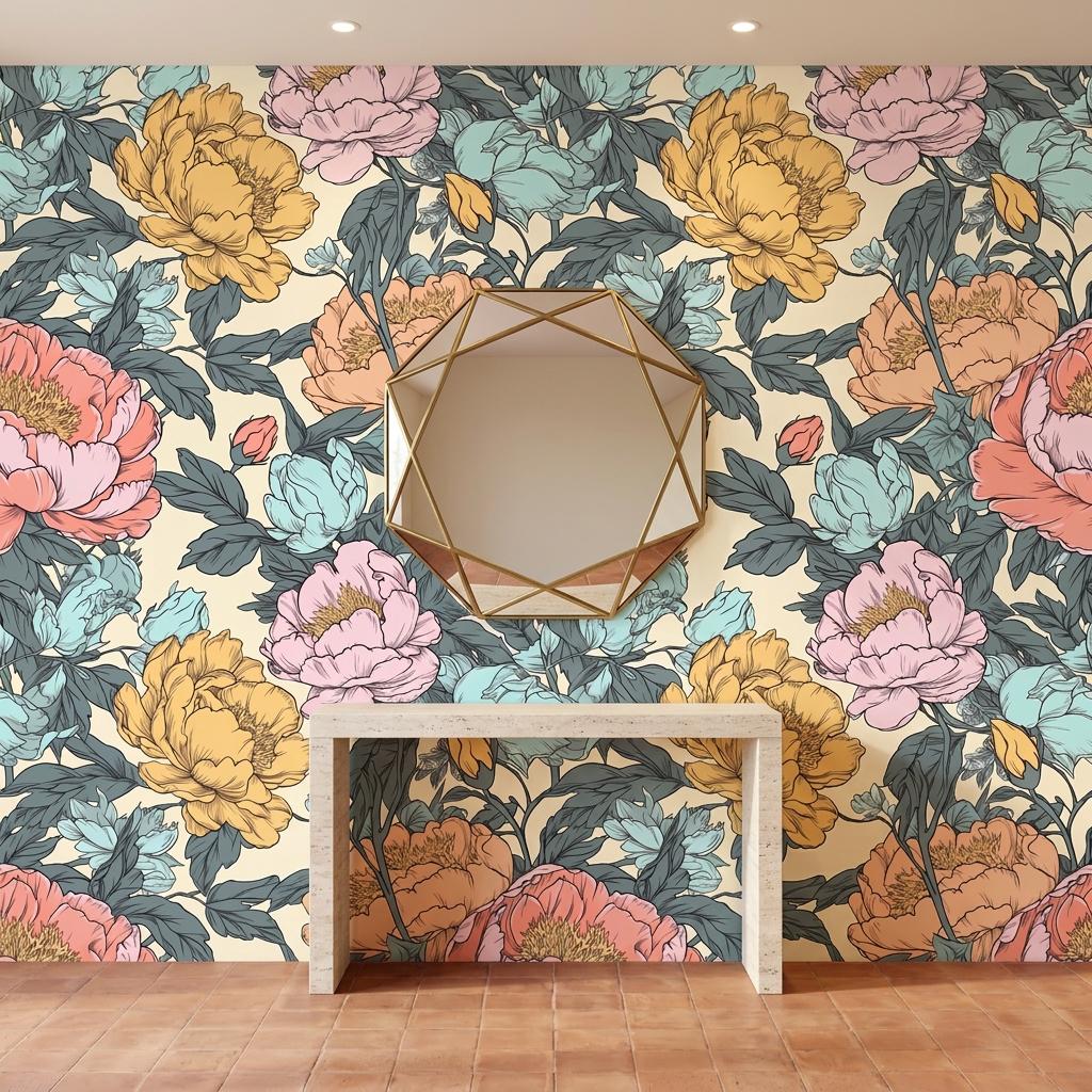 Vintage Peony Wallpaper Mural, Coral Teal Botanical-WP0251