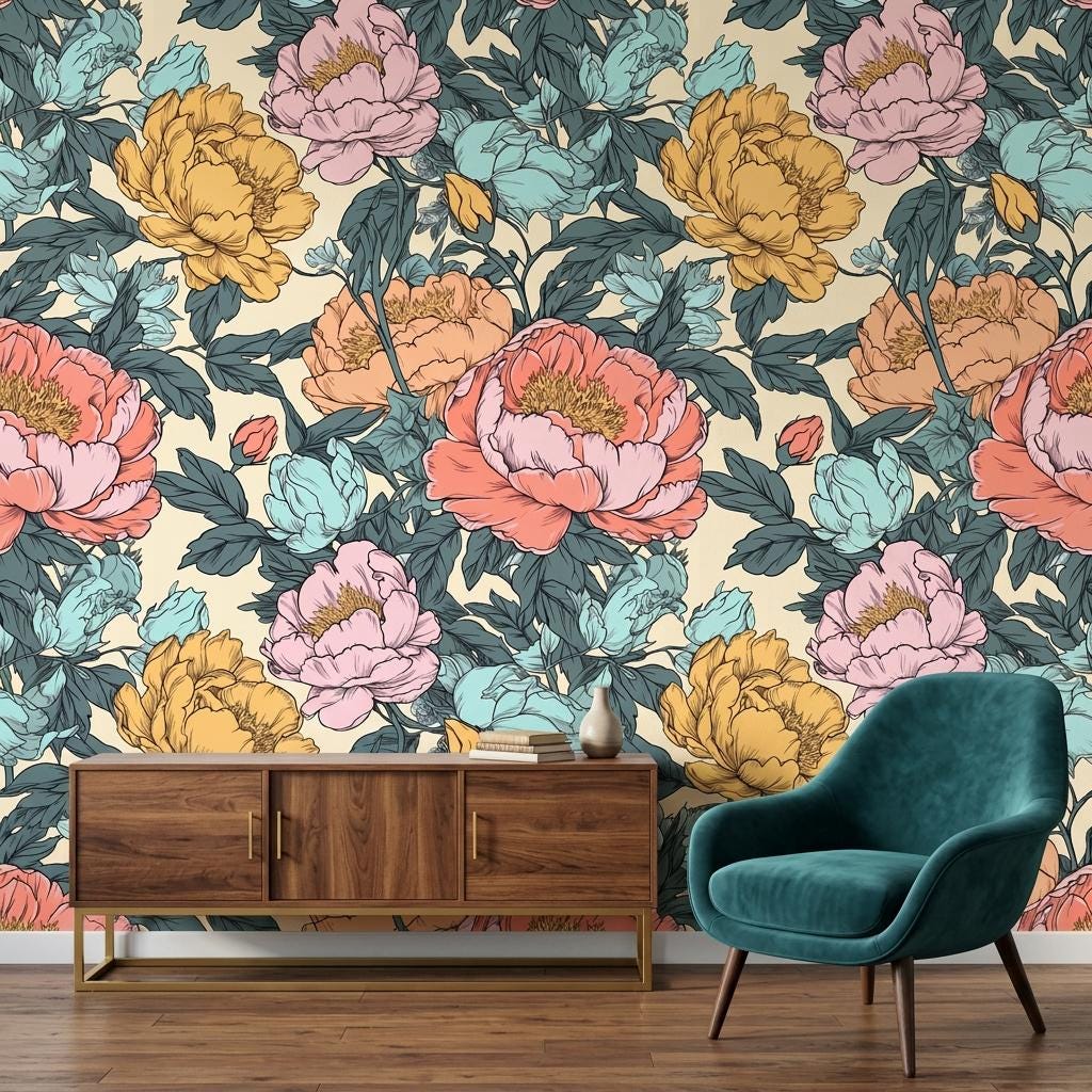 Vintage Peony Wallpaper Mural, Coral Teal Botanical-WP0251