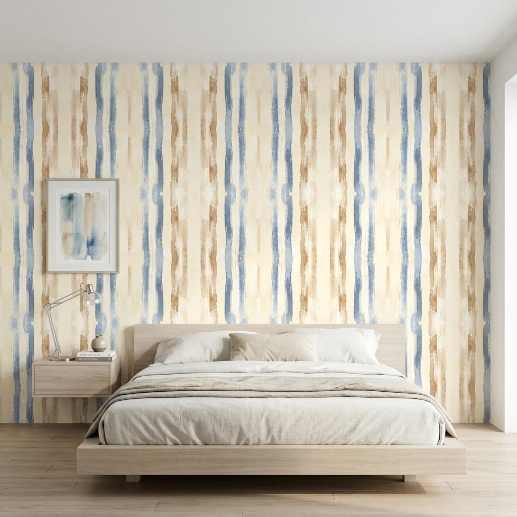 Blue Watercolor Stripe Wallpaper, Coastal Renter Friendly Peel and Stick Mural-WP0227