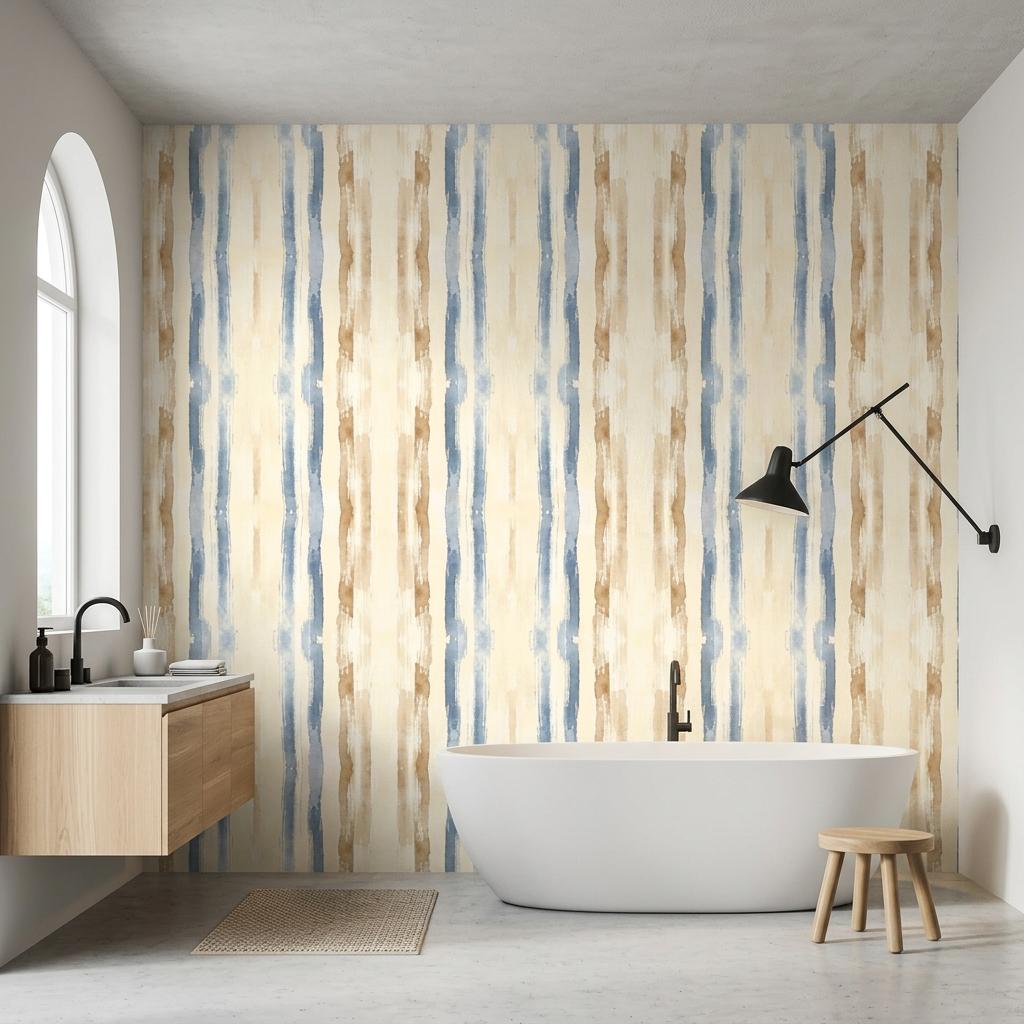 Blue Watercolor Stripe Wallpaper, Coastal Renter Friendly Peel and Stick Mural-WP0227