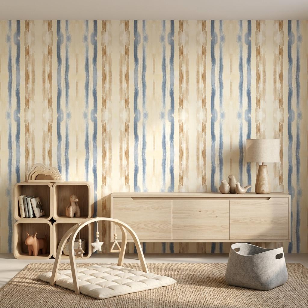 Blue Watercolor Stripe Wallpaper, Coastal Renter Friendly Peel and Stick Mural-WP0227