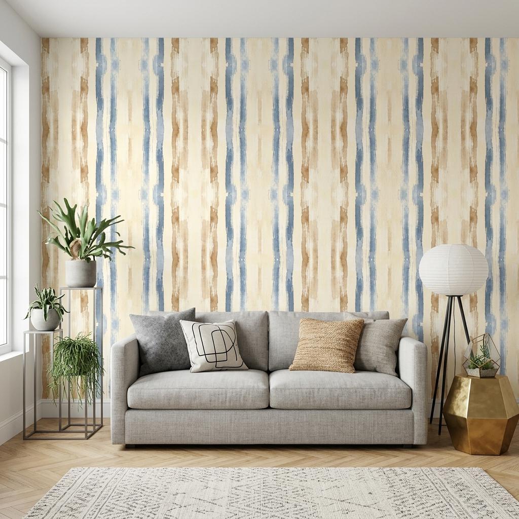 Blue Watercolor Stripe Wallpaper, Coastal Renter Friendly Peel and Stick Mural-WP0227