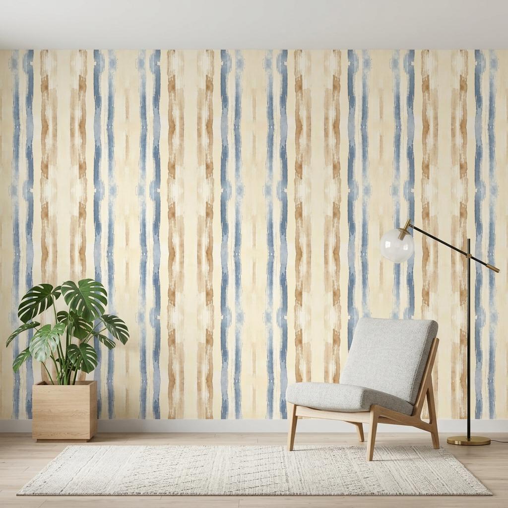 Blue Watercolor Stripe Wallpaper, Coastal Renter Friendly Peel and Stick Mural-WP0227