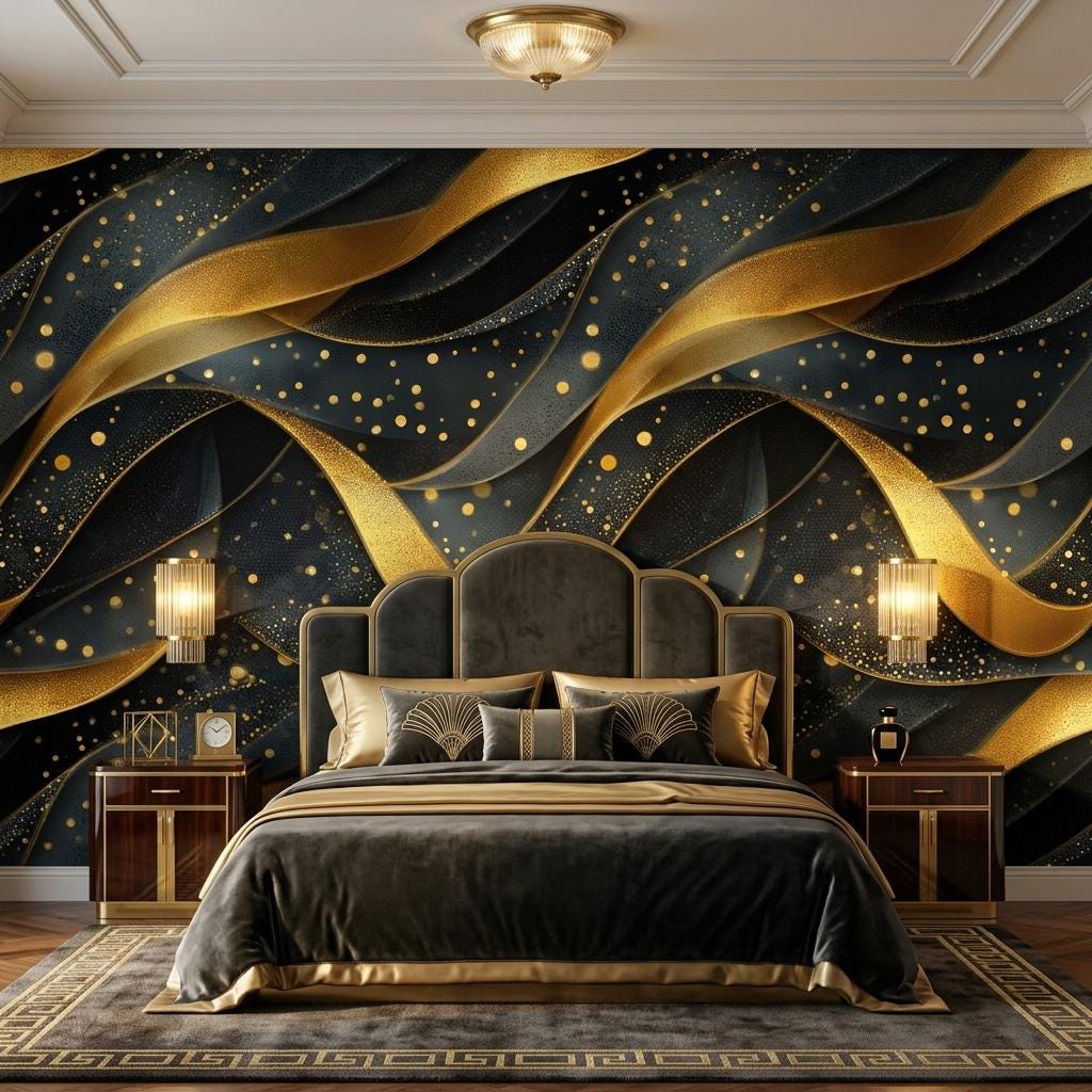 Abstract Gold Waves Wallpaper, Dark Art Deco Wall Mural, Luxury Bedroom Decor-WP0226