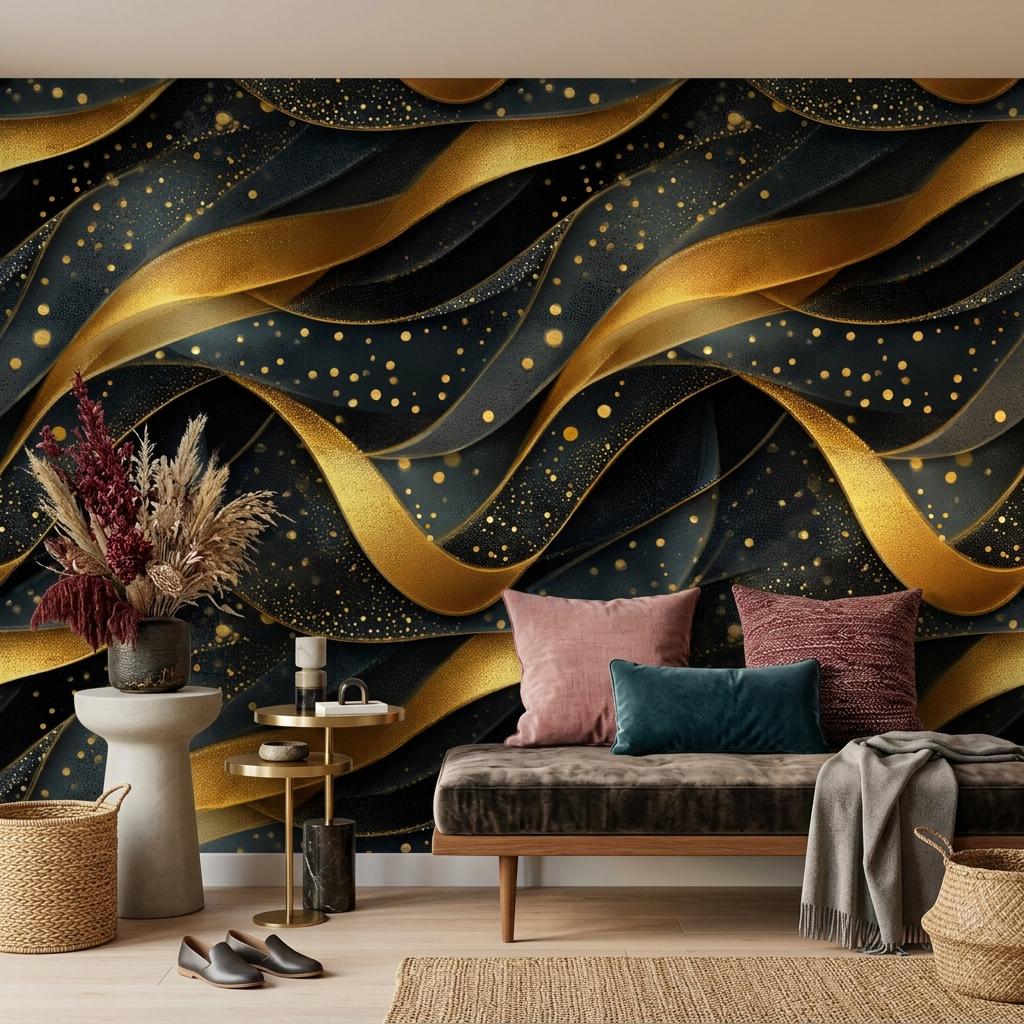 Abstract Gold Waves Wallpaper, Dark Art Deco Wall Mural, Luxury Bedroom Decor-WP0226