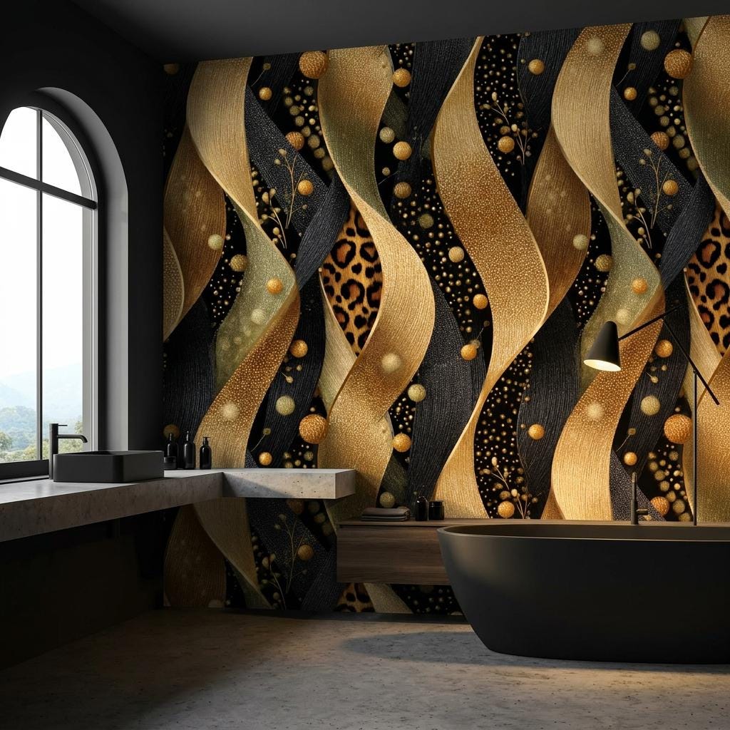 Abstract Gold Leopard Wave Wallpaper, Modern Art Deco Wall Mural, Textured Glam Home Decor-WP0228