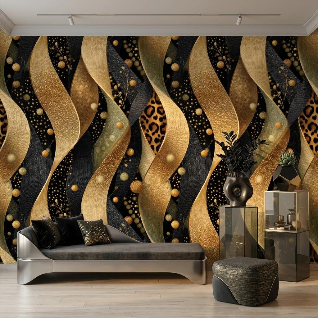 Abstract Gold Leopard Wave Wallpaper, Modern Art Deco Wall Mural, Textured Glam Home Decor-WP0228