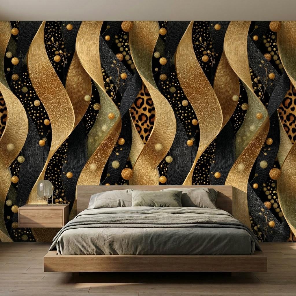 Abstract Gold Leopard Wave Wallpaper, Modern Art Deco Wall Mural, Textured Glam Home Decor-WP0228