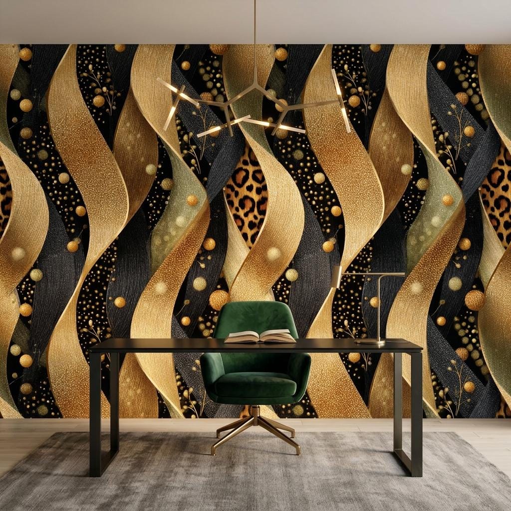 Abstract Gold Leopard Wave Wallpaper, Modern Art Deco Wall Mural, Textured Glam Home Decor-WP0228