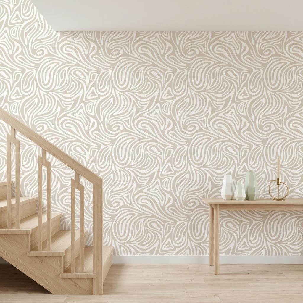 Abstract Wavy Line Wallpaper, Minimalist Organic Wall Mural, Japandi Boho Decor Removable Wall Decal-WP0229