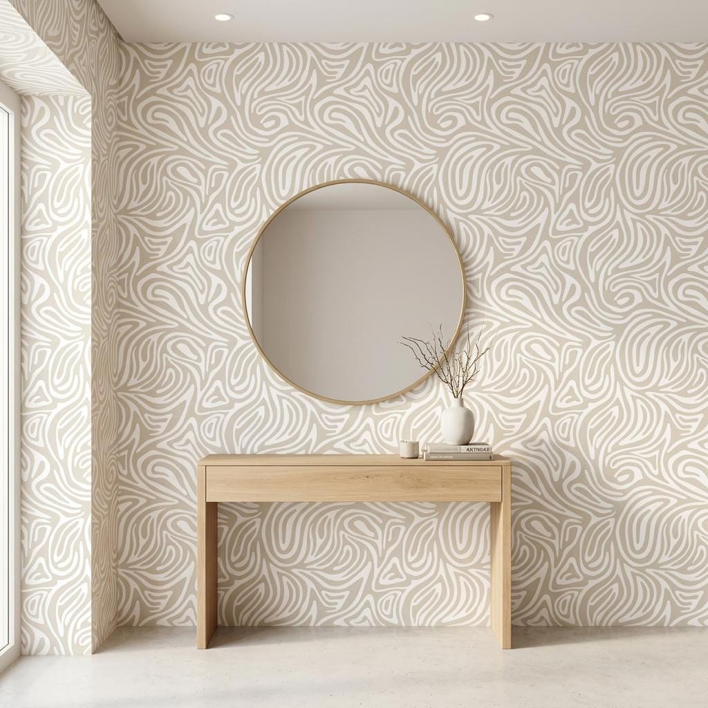 Abstract Wavy Line Wallpaper, Minimalist Organic Wall Mural, Japandi Boho Decor Removable Wall Decal-WP0229