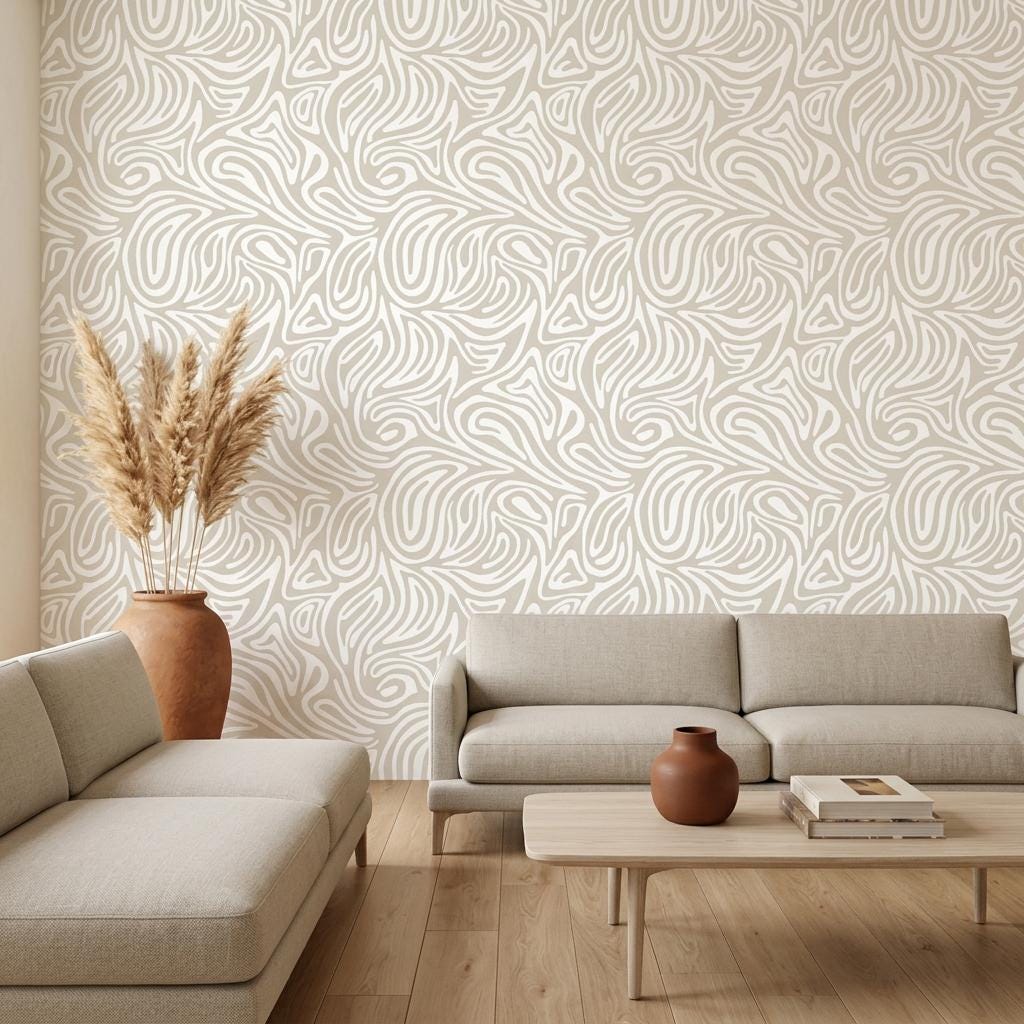 Abstract Wavy Line Wallpaper, Minimalist Organic Wall Mural, Japandi Boho Decor Removable Wall Decal-WP0229