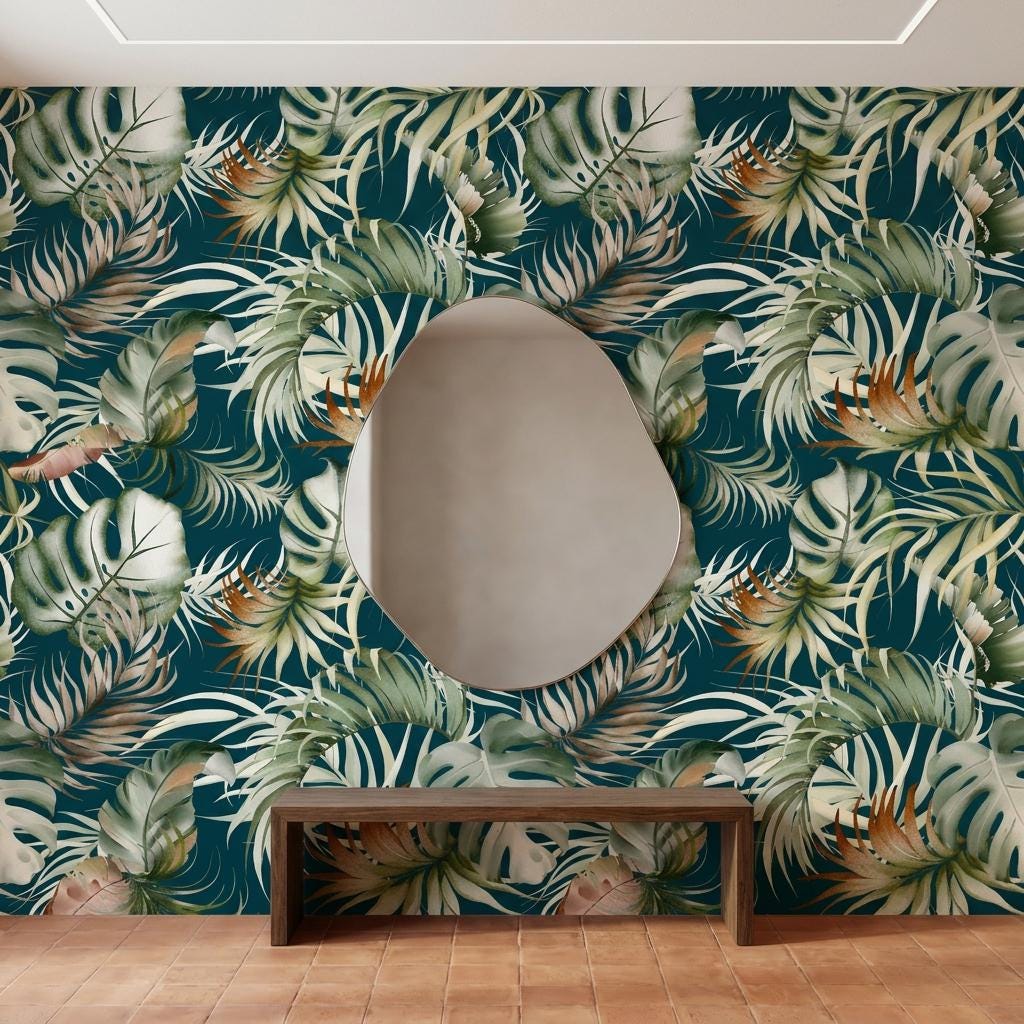 Tropical Watercolor Leaves Wallpaper, Dark Teal Jungle Mural-WP0252