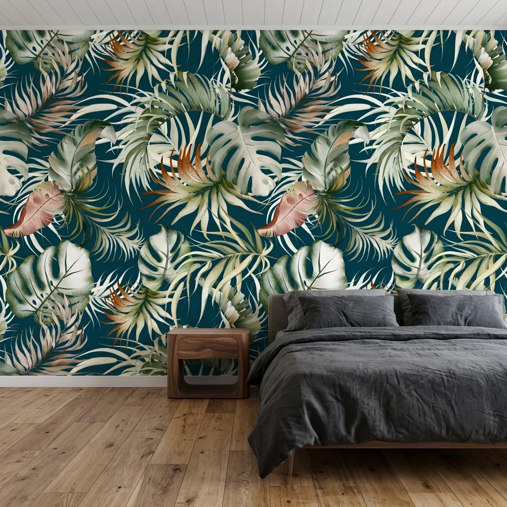 Tropical Watercolor Leaves Wallpaper, Dark Teal Jungle Mural-WP0252