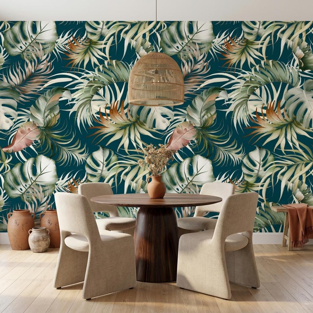Tropical Watercolor Leaves Wallpaper, Dark Teal Jungle Mural-WP0252