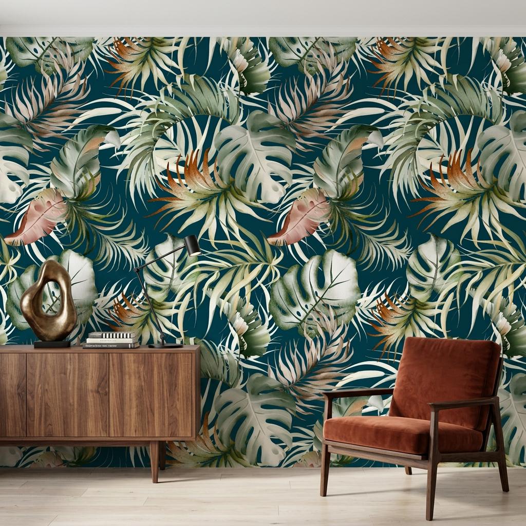 Tropical Watercolor Leaves Wallpaper, Dark Teal Jungle Mural-WP0252