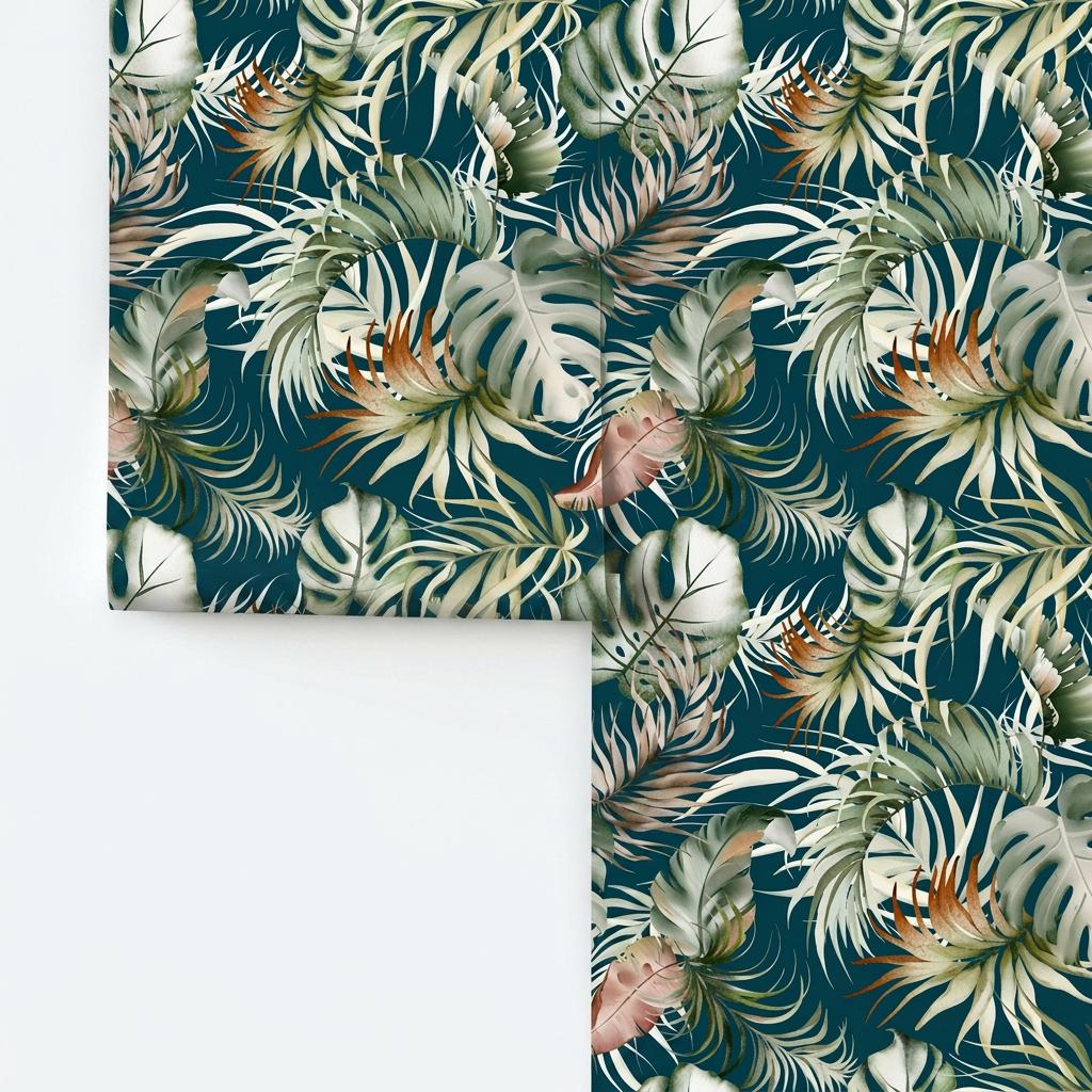Tropical Watercolor Leaves Wallpaper, Dark Teal Jungle Mural-WP0252