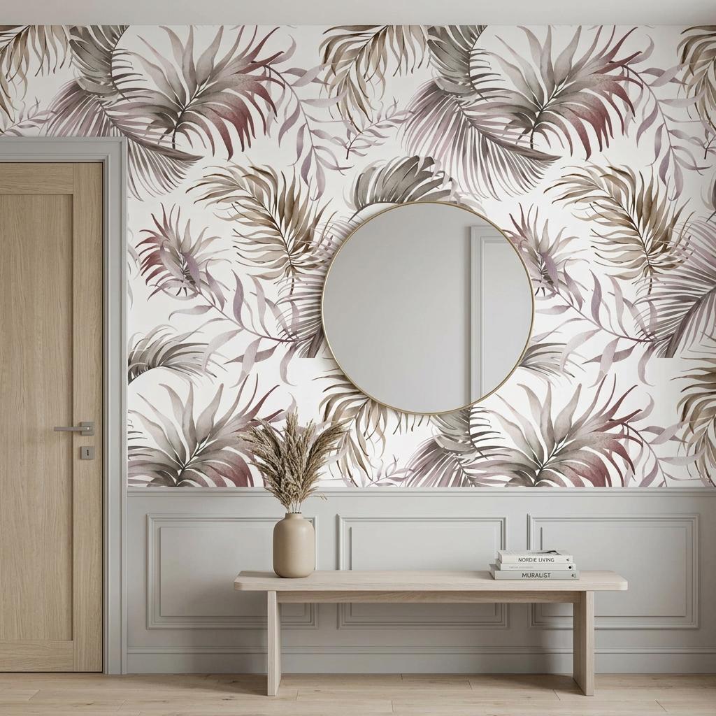 Palm Leaf Wallpaper, Neutral Boho Watercolor Mural-WP0253