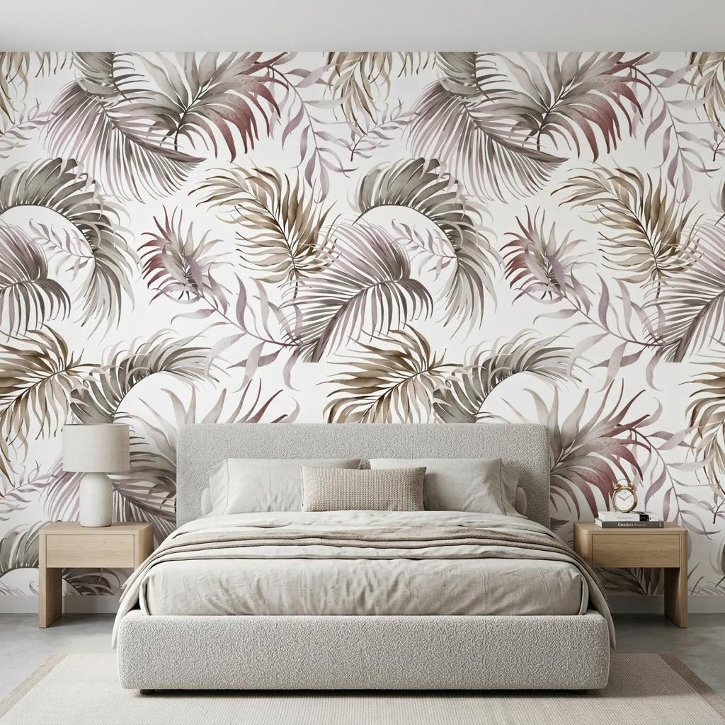 Palm Leaf Wallpaper, Neutral Boho Watercolor Mural-WP0253
