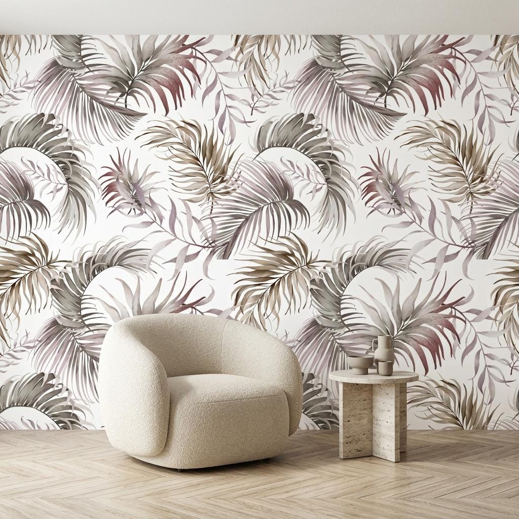 Palm Leaf Wallpaper, Neutral Boho Watercolor Mural-WP0253