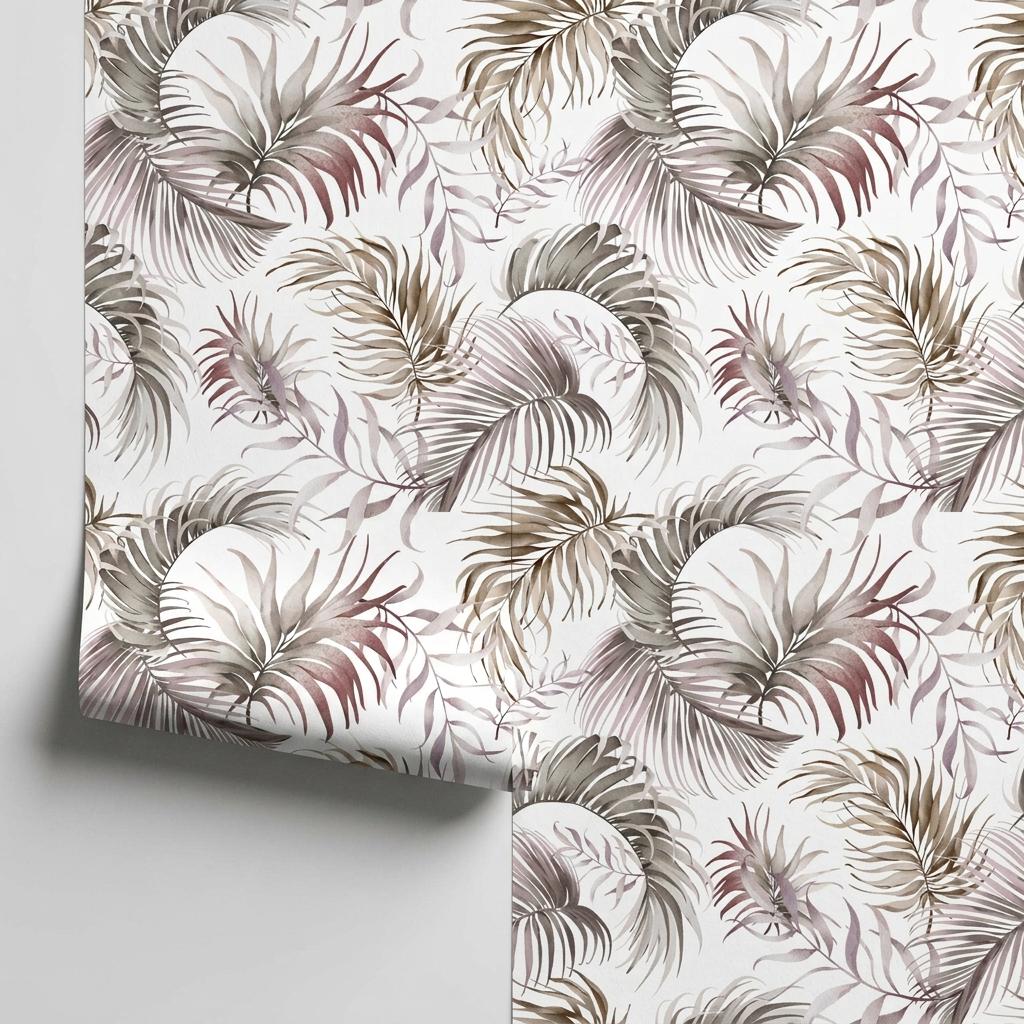 Palm Leaf Wallpaper, Neutral Boho Watercolor Mural-WP0253