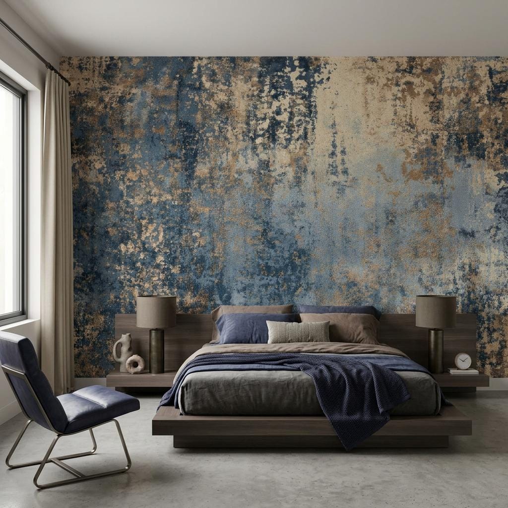 Abstract Blue Industrial Wallpaper, Distressed Gold Texture Wall Mural, Modern Living Room Decor-WP0230