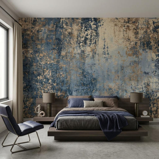 Abstract Blue Industrial Wallpaper, Distressed Gold Texture Wall Mural, Modern Living Room Decor-WP0230