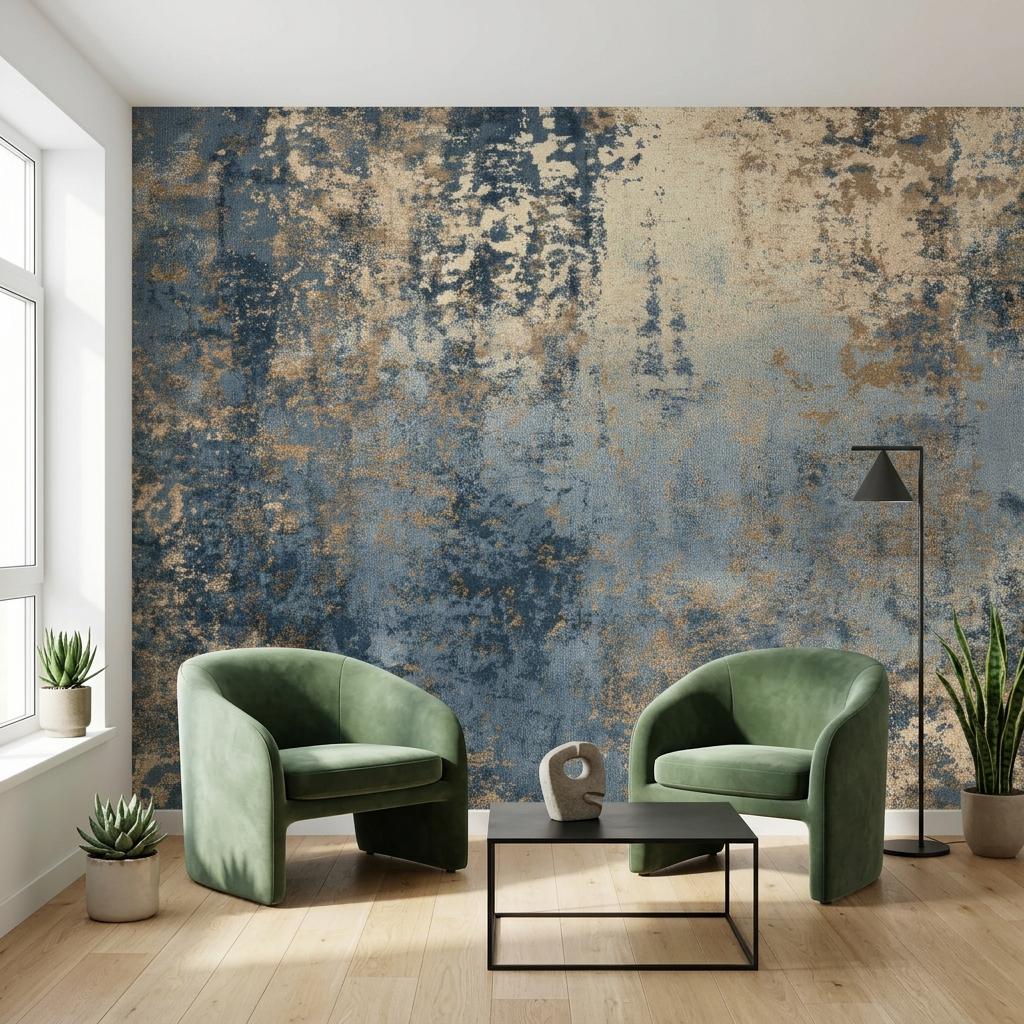 Abstract Blue Industrial Wallpaper, Distressed Gold Texture Wall Mural, Modern Living Room Decor-WP0230