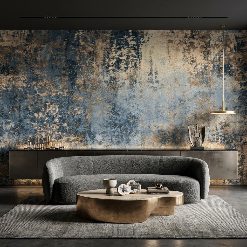 Abstract Blue Industrial Wallpaper, Distressed Gold Texture Wall Mural, Modern Living Room Decor-WP0230
