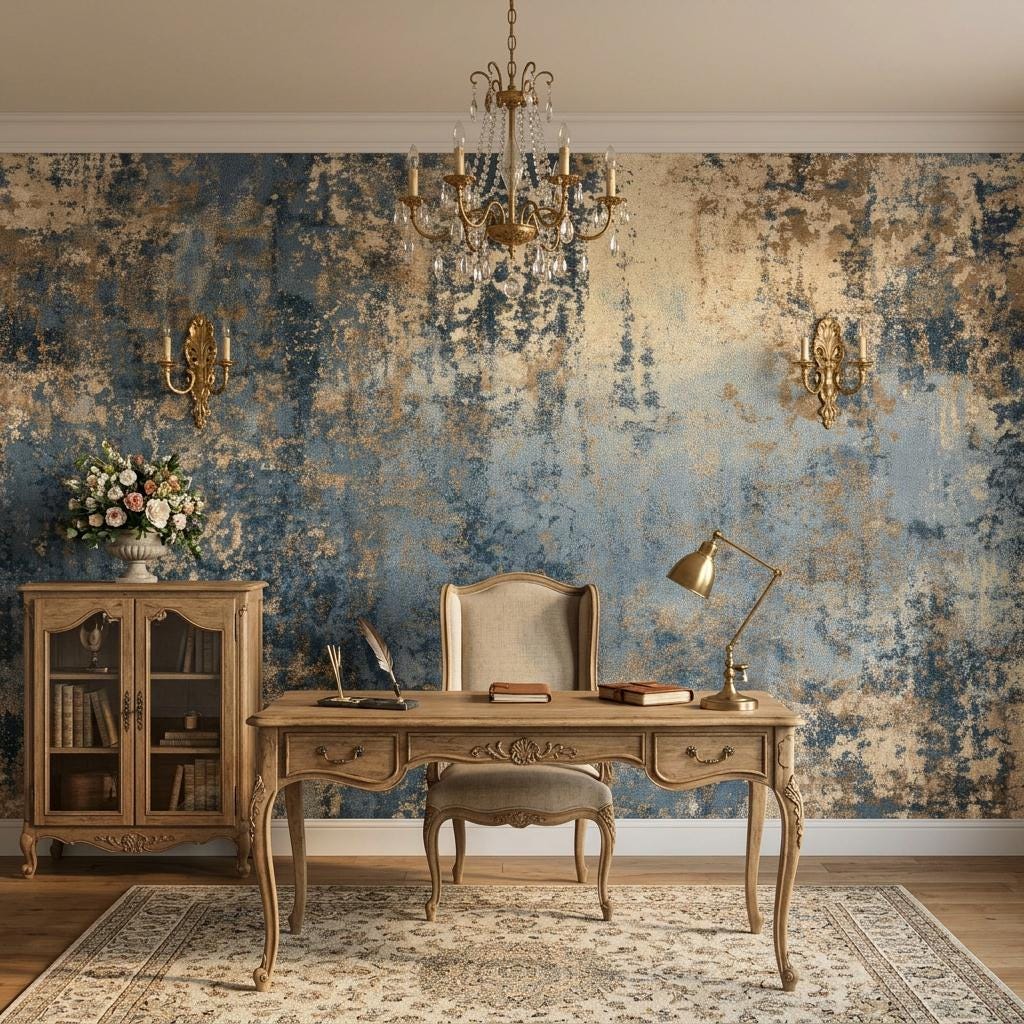 Abstract Blue Industrial Wallpaper, Distressed Gold Texture Wall Mural, Modern Living Room Decor-WP0230