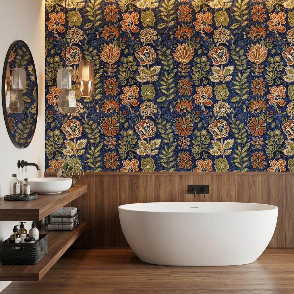 Navy Floral Wallpaper Mural, William Morris Jacobean-WP0254