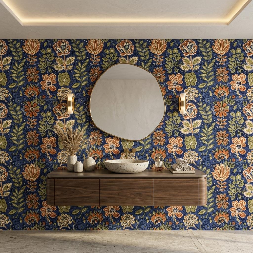 Navy Floral Wallpaper Mural, William Morris Jacobean-WP0254