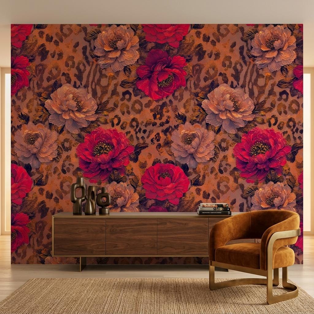 Floral Leopard Print Wallpaper, Removable Peony Accent Wall Mural, Boho Peel Stick Home Decor-WP0231