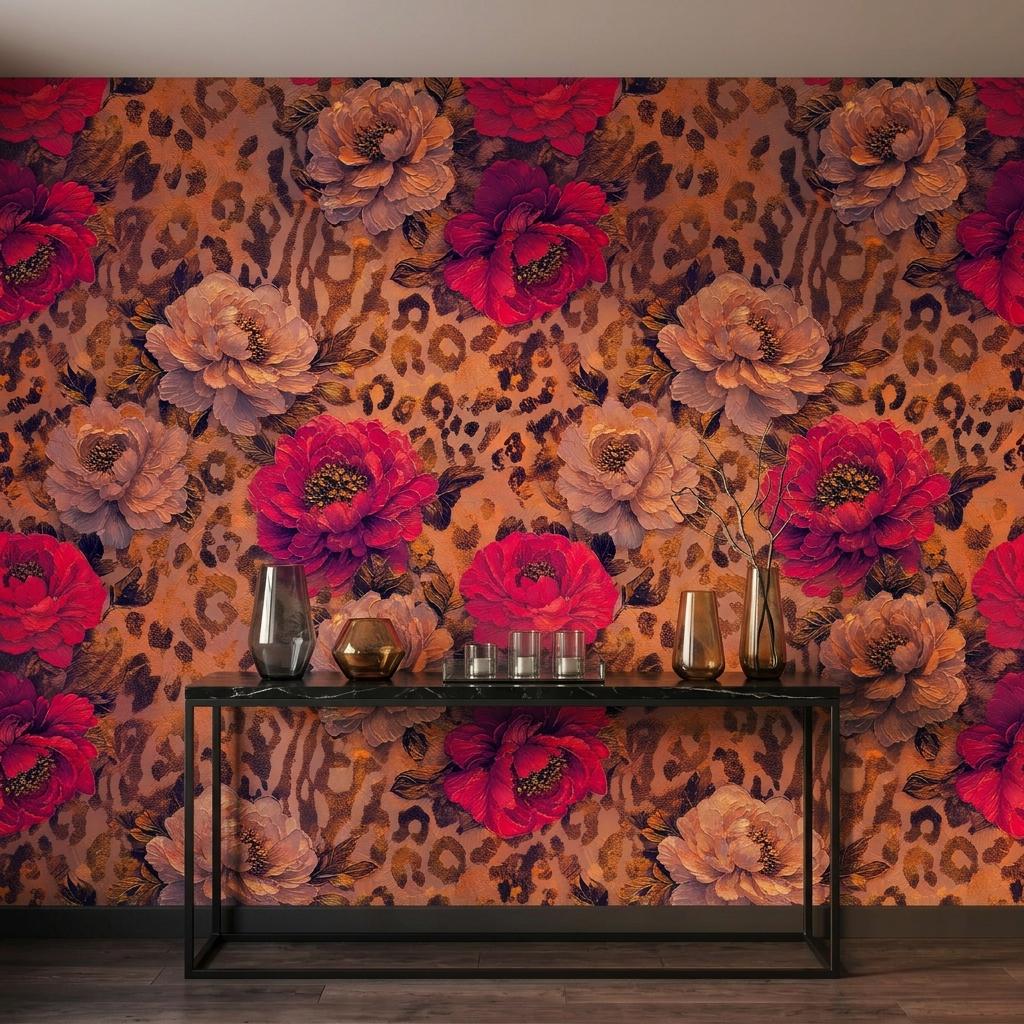 Floral Leopard Print Wallpaper, Removable Peony Accent Wall Mural, Boho Peel Stick Home Decor-WP0231