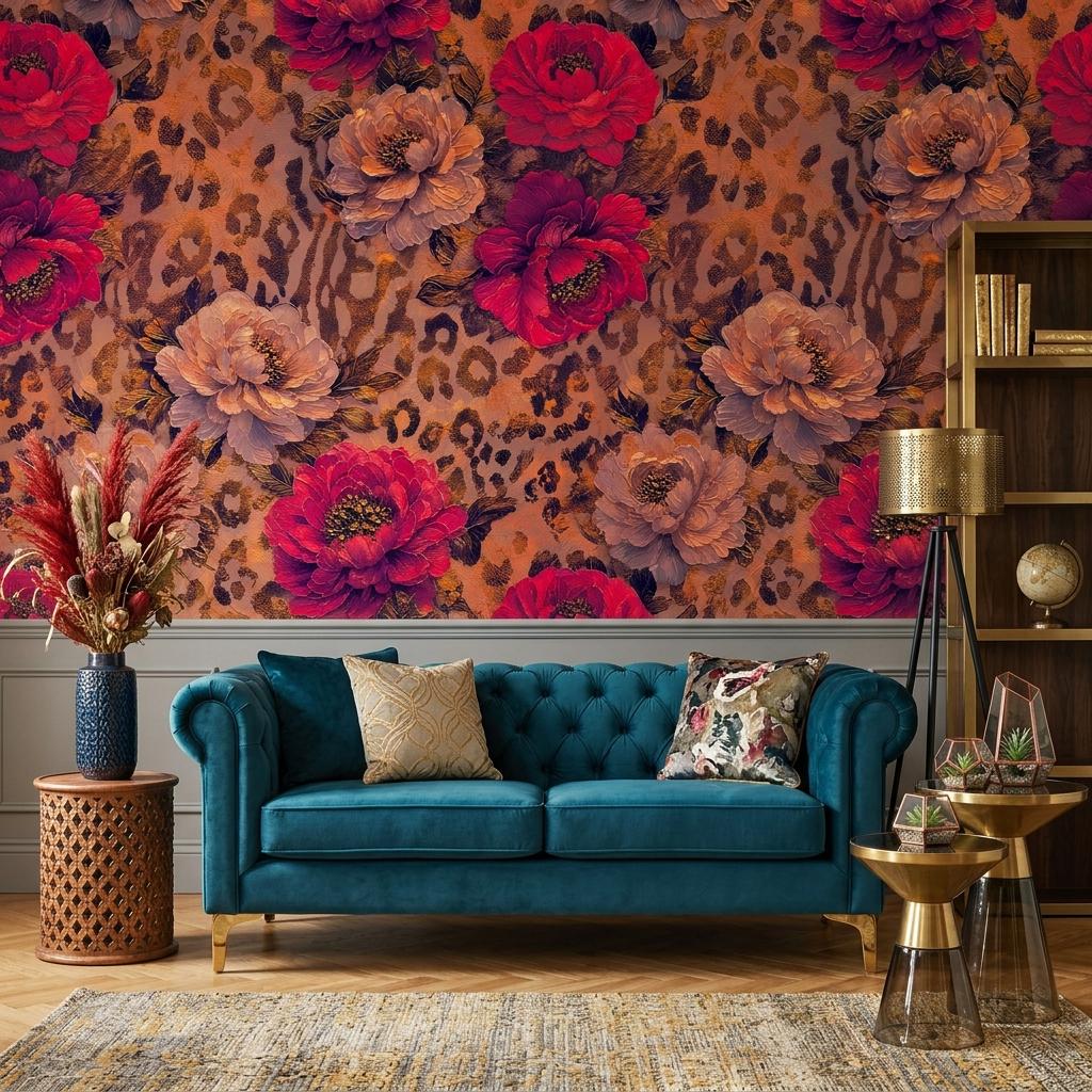 Floral Leopard Print Wallpaper, Removable Peony Accent Wall Mural, Boho Peel Stick Home Decor-WP0231