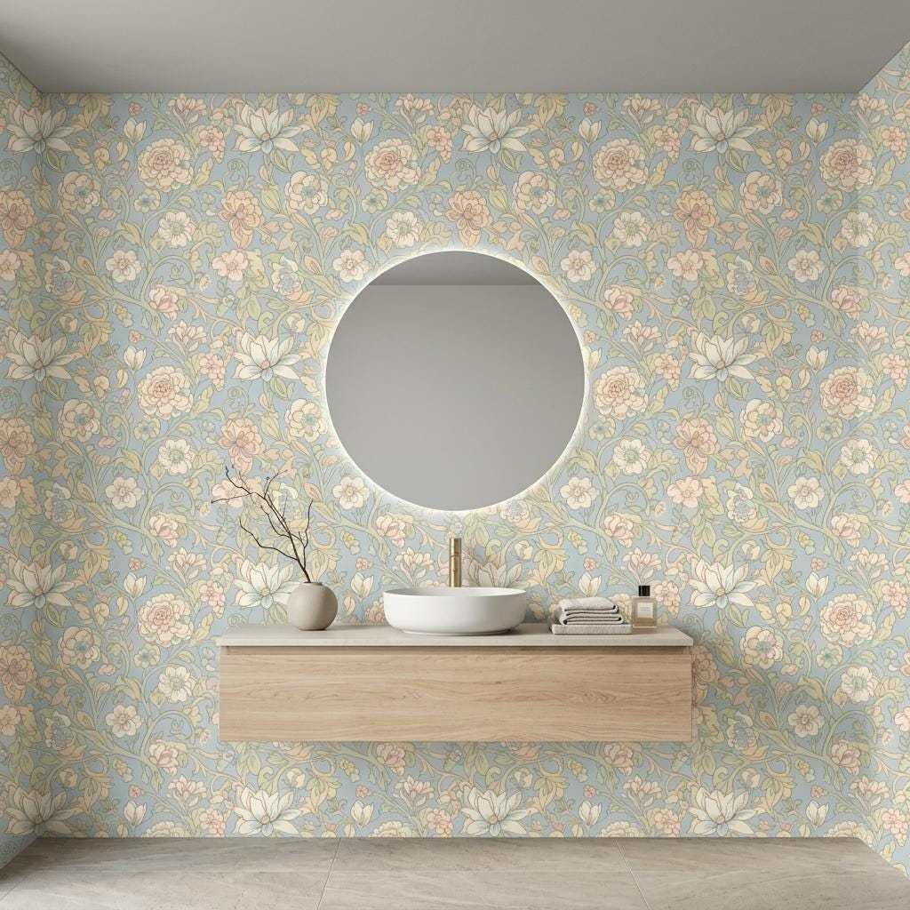 Light Blue Floral Wallpaper, William Morris Cottage Mural-WP0255