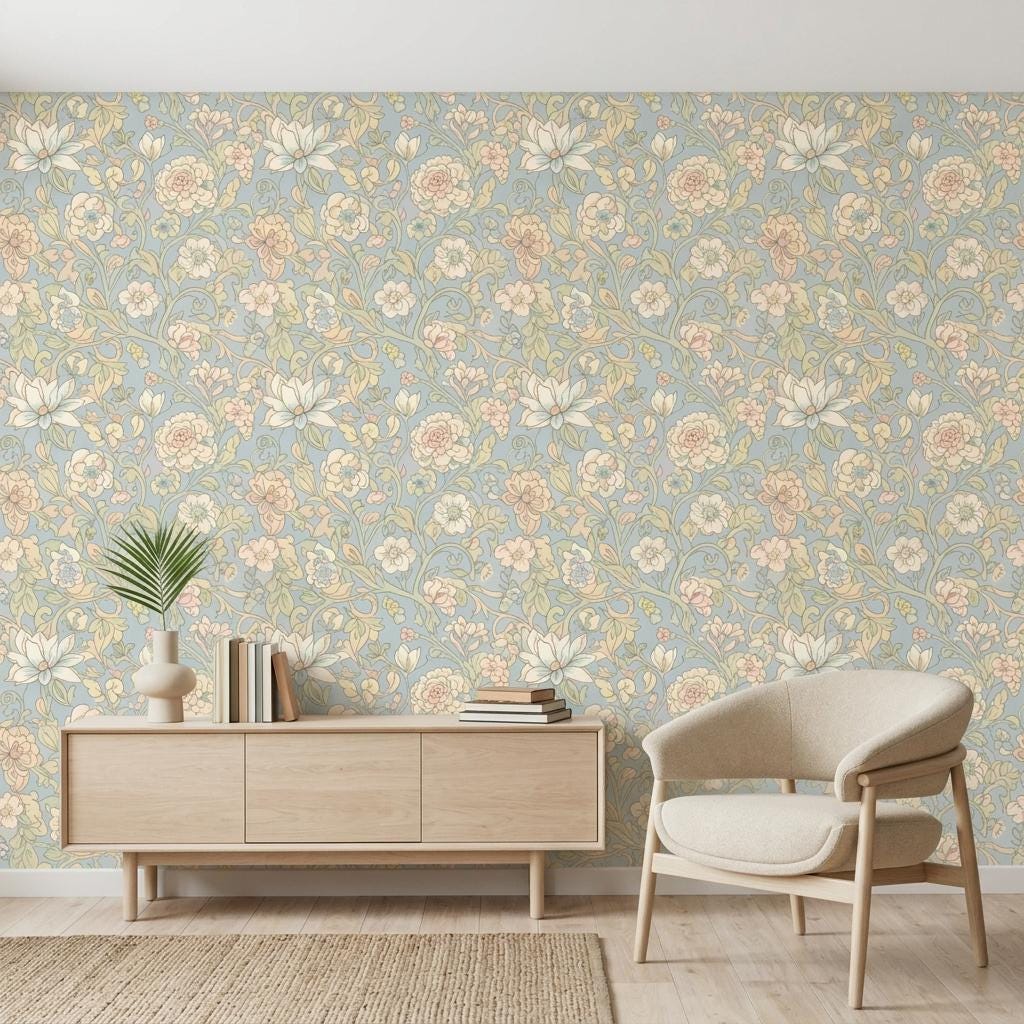 Light Blue Floral Wallpaper, William Morris Cottage Mural-WP0255