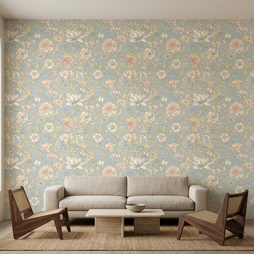 Light Blue Floral Wallpaper, William Morris Cottage Mural-WP0255