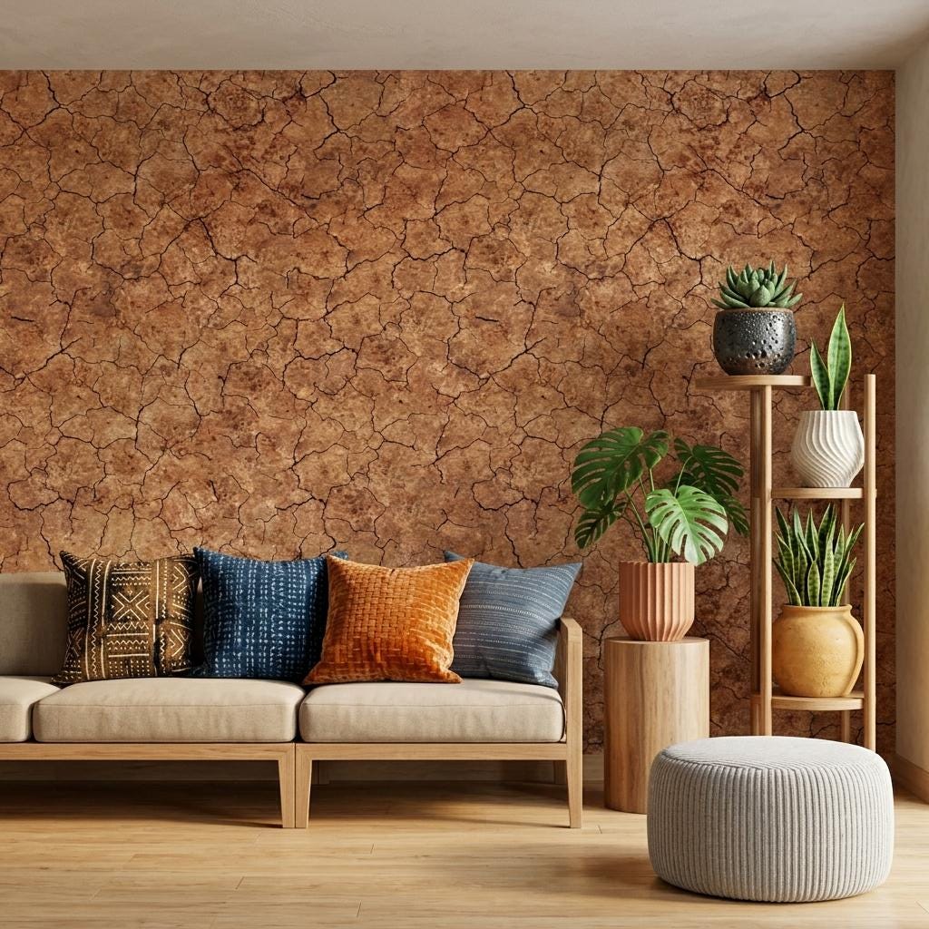 Terracotta Textured Wallpaper, Cracked Earth Wall Mural,Peel Stick Home Decor-WP0232