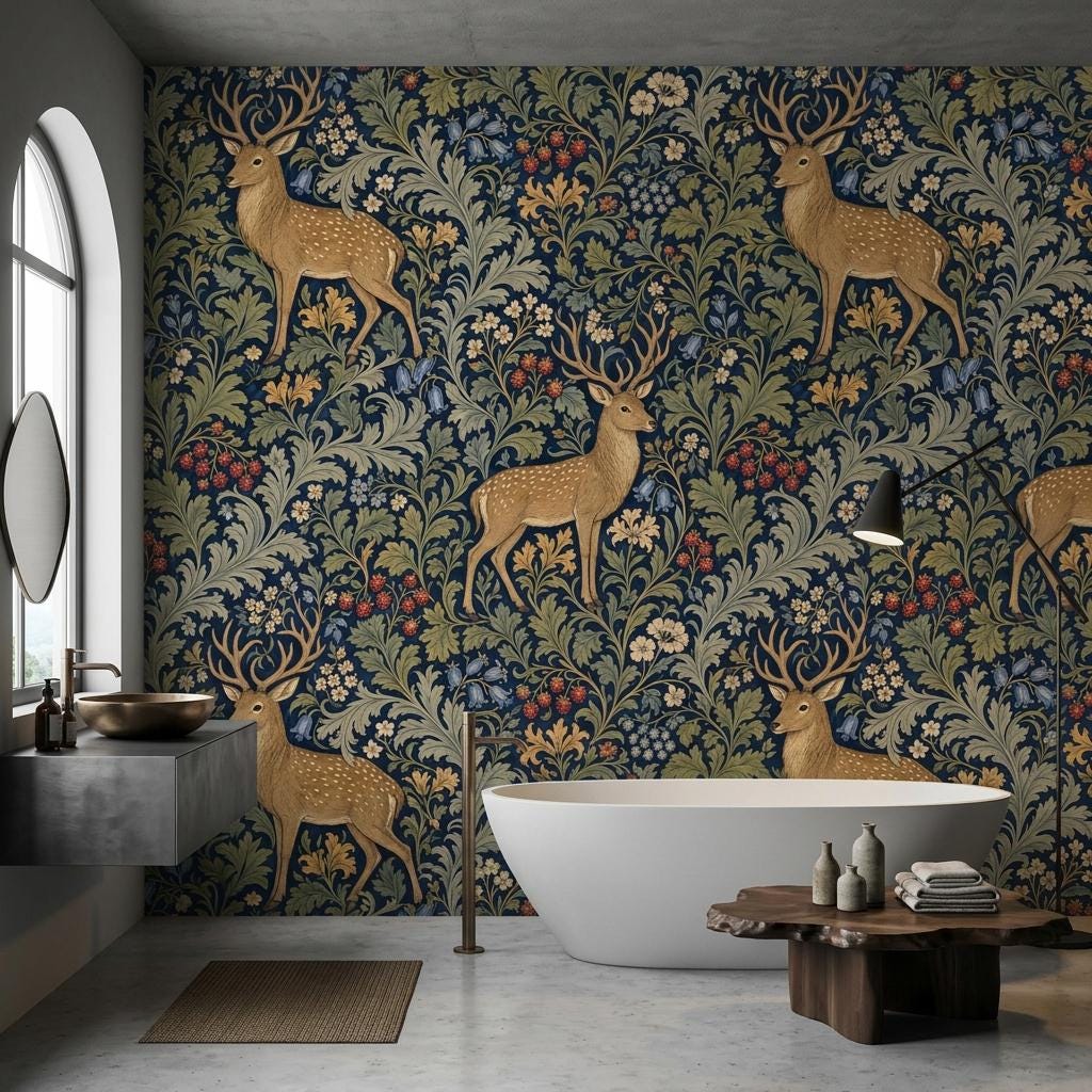 Woodland Deer Wallpaper, Navy Botanical Wall Mural,Peel Stick Home Decor-WP0234