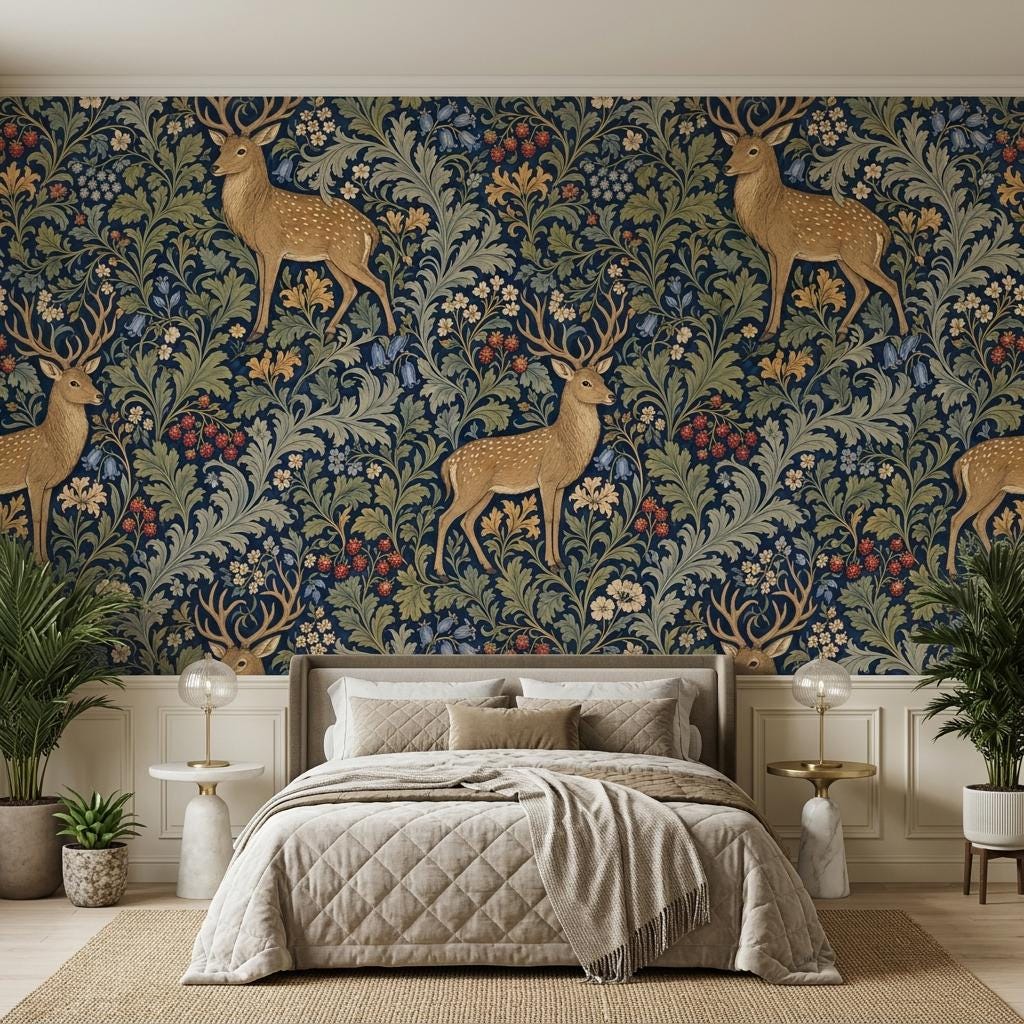 Woodland Deer Wallpaper, Navy Botanical Wall Mural,Peel Stick Home Decor-WP0234
