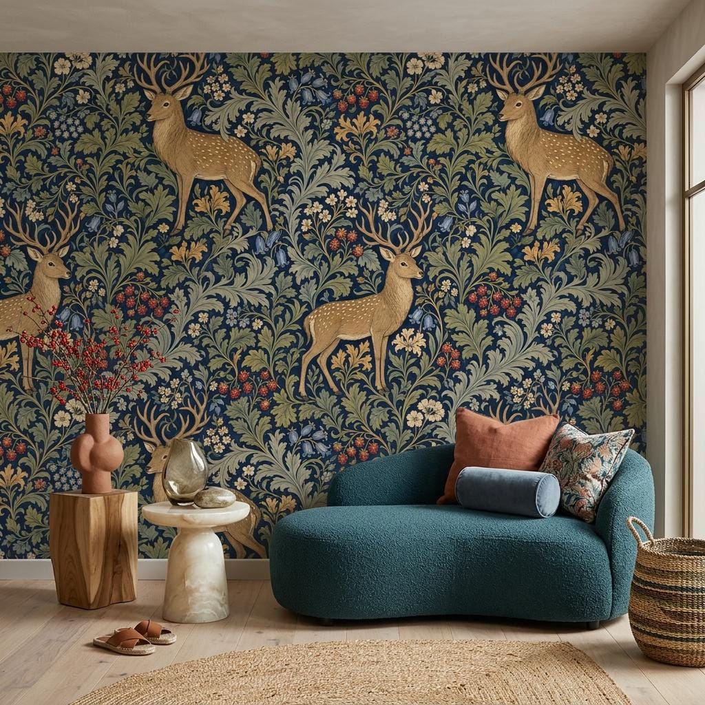 Woodland Deer Wallpaper, Navy Botanical Wall Mural,Peel Stick Home Decor-WP0234