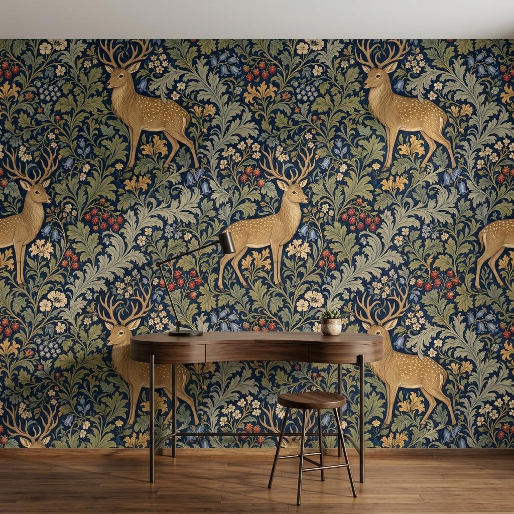 Woodland Deer Wallpaper, Navy Botanical Wall Mural,Peel Stick Home Decor-WP0234